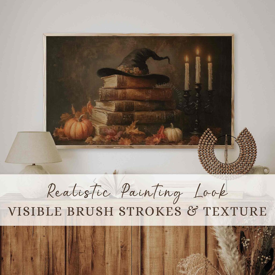 Witch Hat On Antique Books With Candles And Pumpkins Dark Moody Art Poster - Image 3