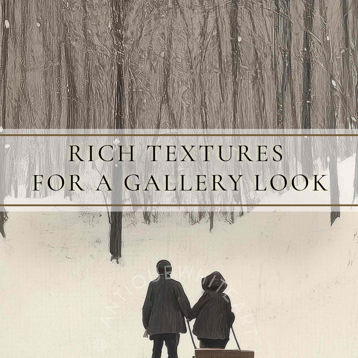 Children With Sled In Snowy Birch Forest Sepia Winter Wall Art - Image 2