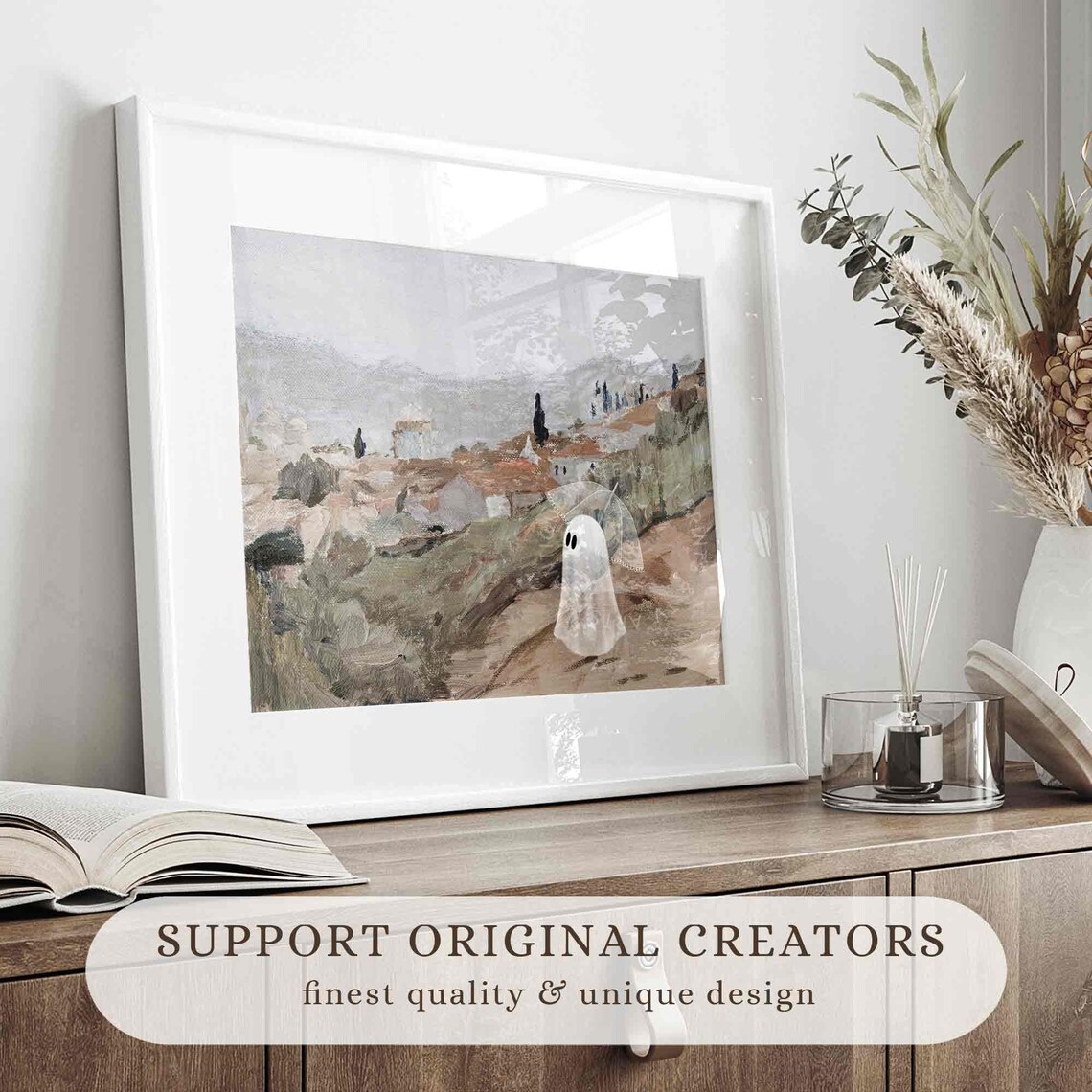 Cute Ghost With Umbrella Countryside Path Vintage Neutral Painting Poster - Image 2