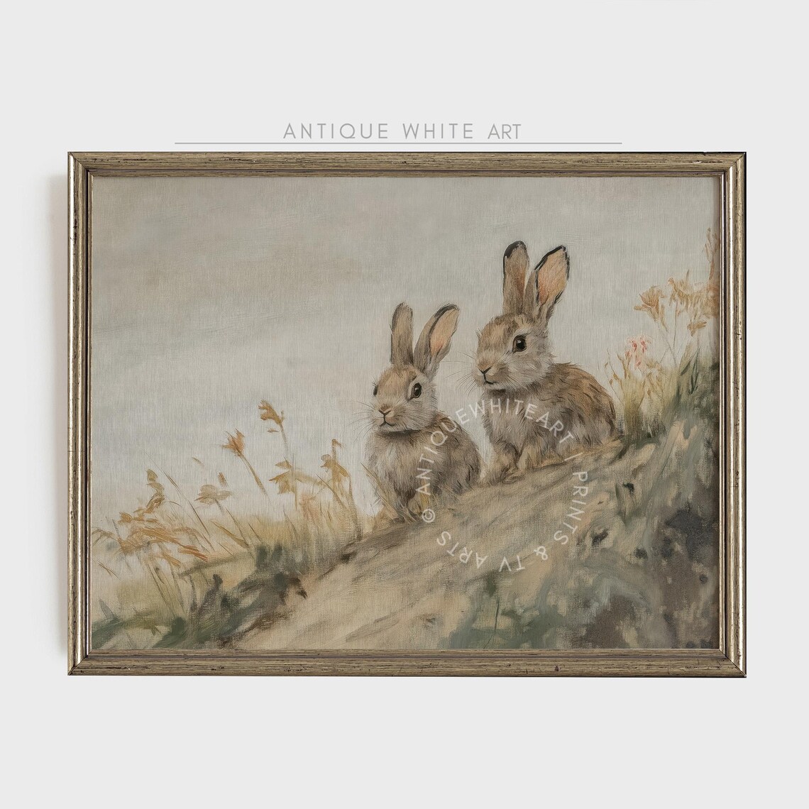 Easter Bunnies Painting, Muted Farmhouse Spring