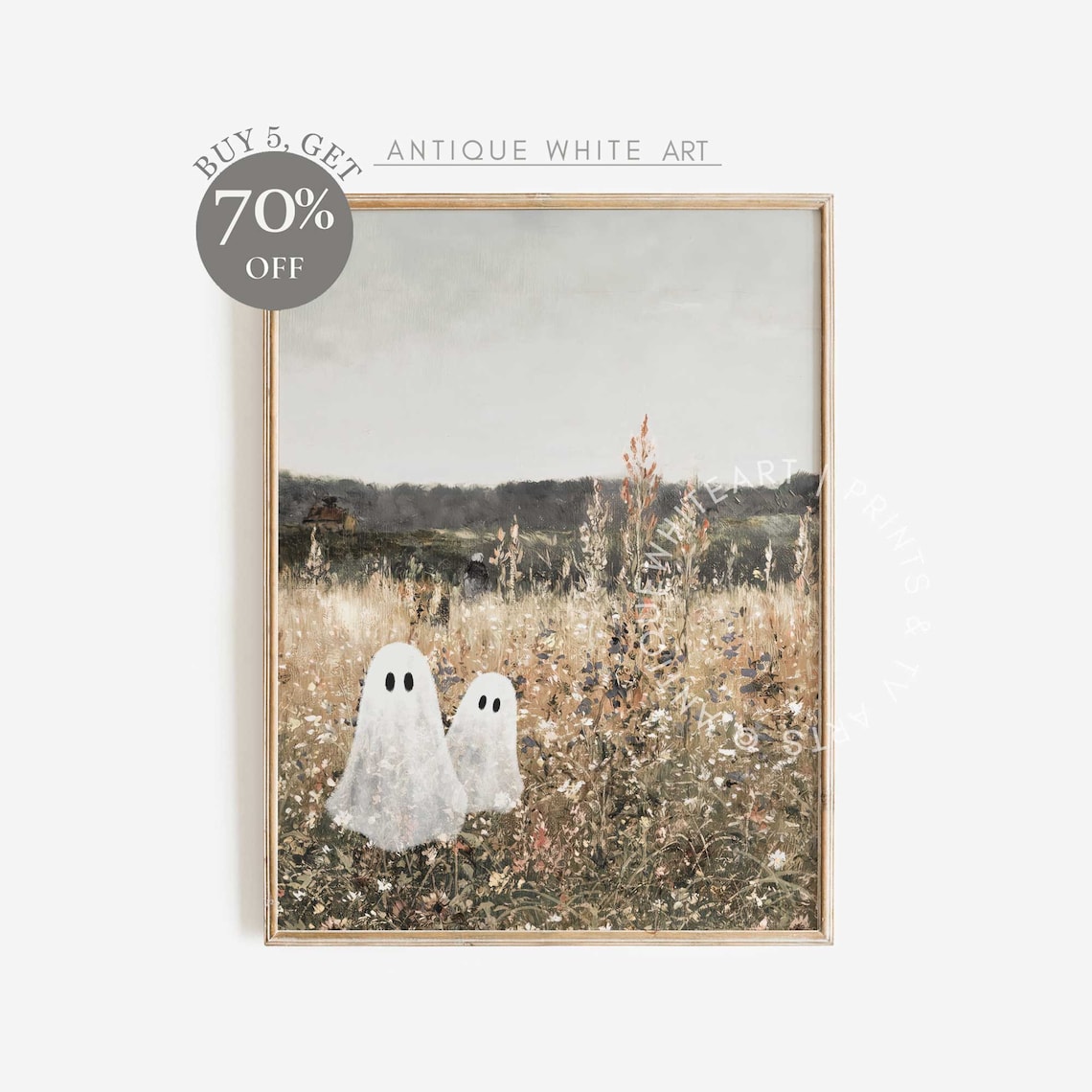 Cute Ghost Halloween Wall Art, Autumn Wildflowers Art Print