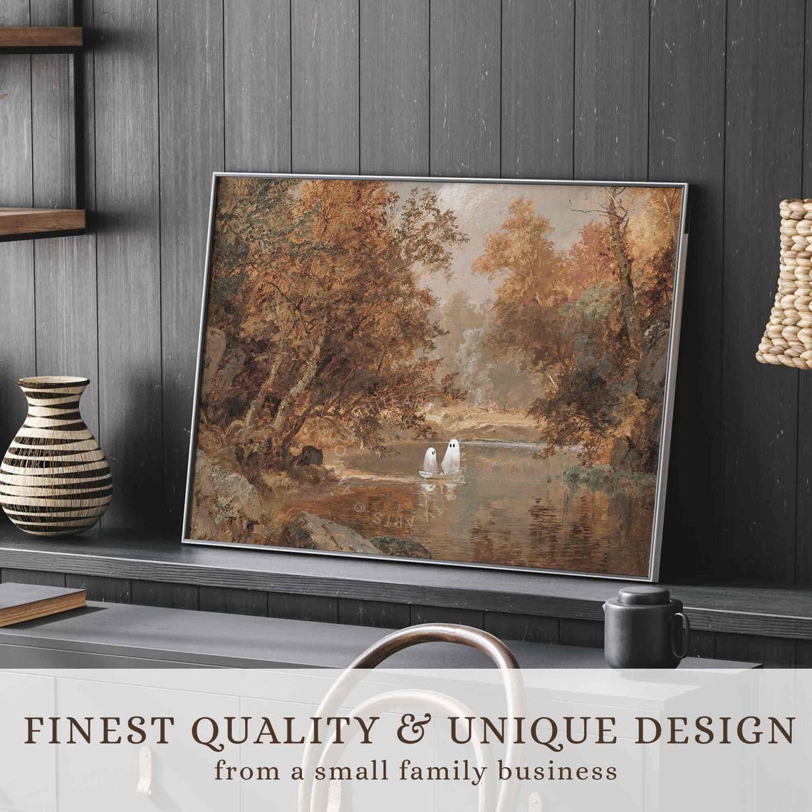 Cute Ghosts Floating On River In Autumn Forest Halloween Wall Art - Image 3
