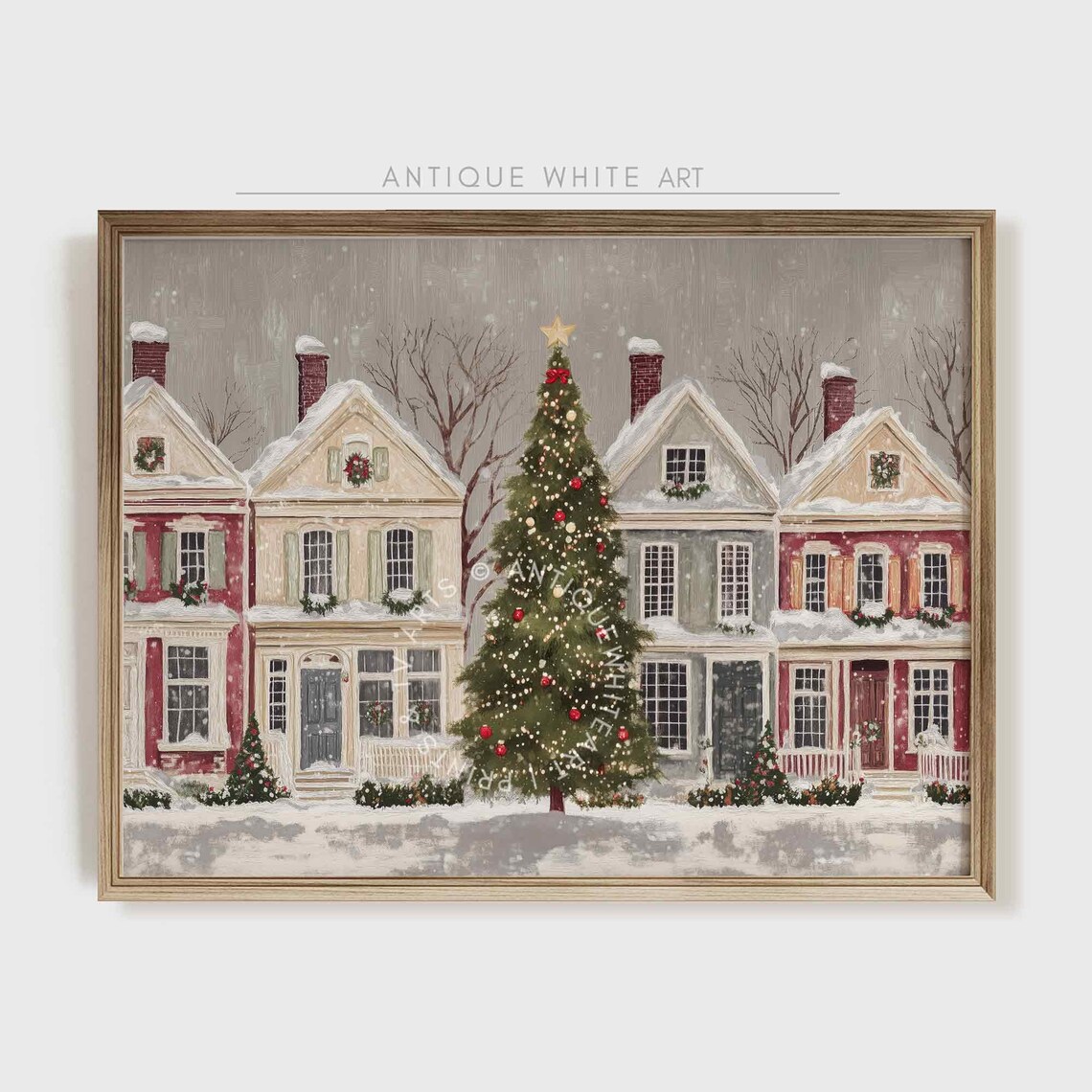 Rustic Christmas Town Print, Moody Winter Decor