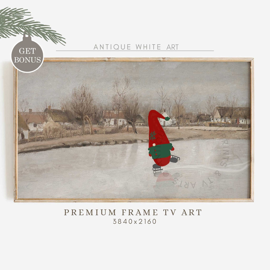 Vintage Painting For Frame Tv Cute Gnome Ice Skating Christmas Tv Art Winter Oil Painting Farmhouse Christmas Frame Tv Tv234
