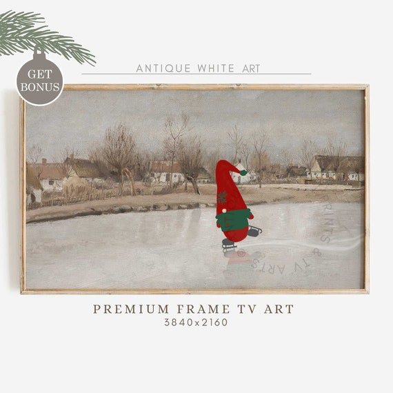 Vintage Painting For Frame Tv Cute Gnome Ice Skating Christmas Tv Art Winter Oil Painting Farmhouse Christmas Frame Tv Tv234