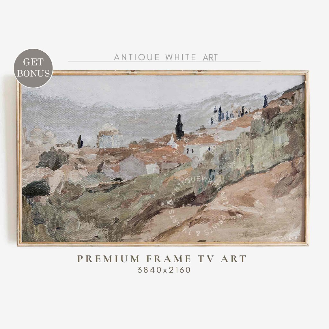Hillside Village Warm Tone Landscape Painting Mediterranean Cypress Trees Wall Poster