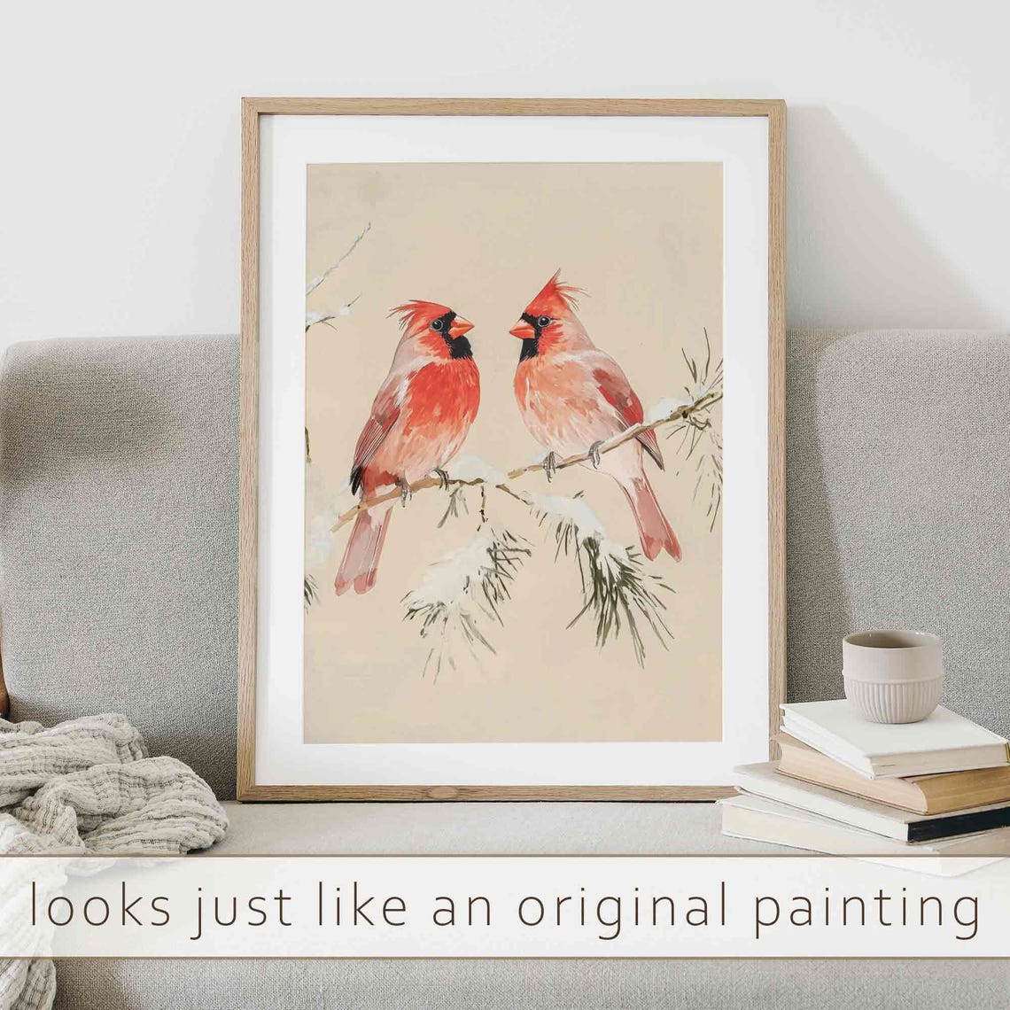 Vintage Red Cardinal Pair On Snowy Pine Branch Winter Bird Wall Art - Image 2