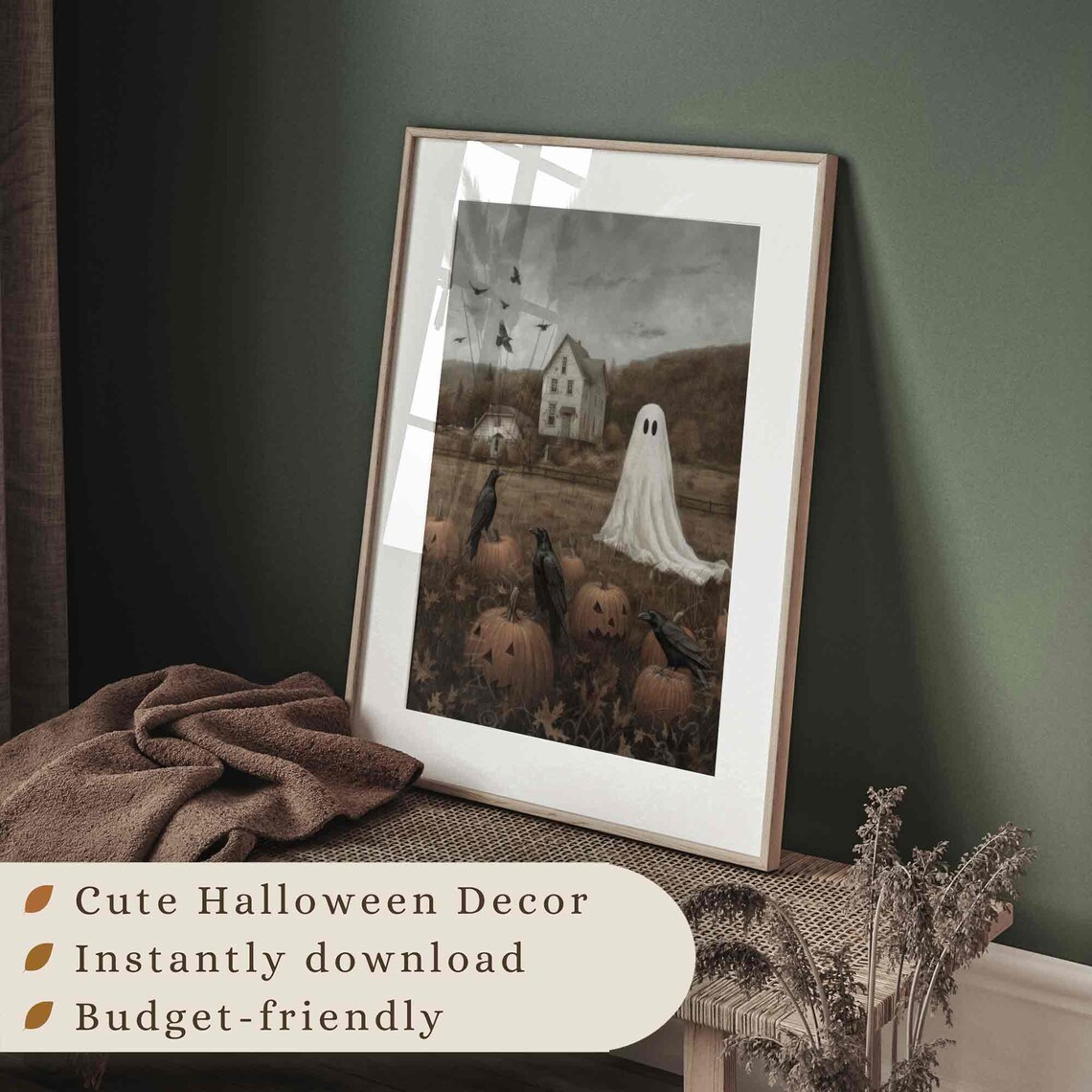 Ghost in Vintage Landscape Art Print, Halloween Decor - Image 3