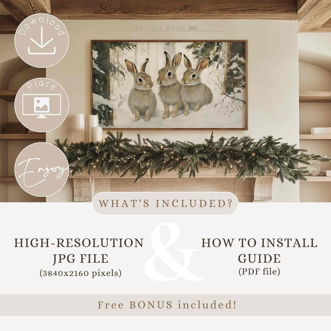 Three Bunnies In Snowy Forest Vintage Winter Painting Wall Art - Image 3