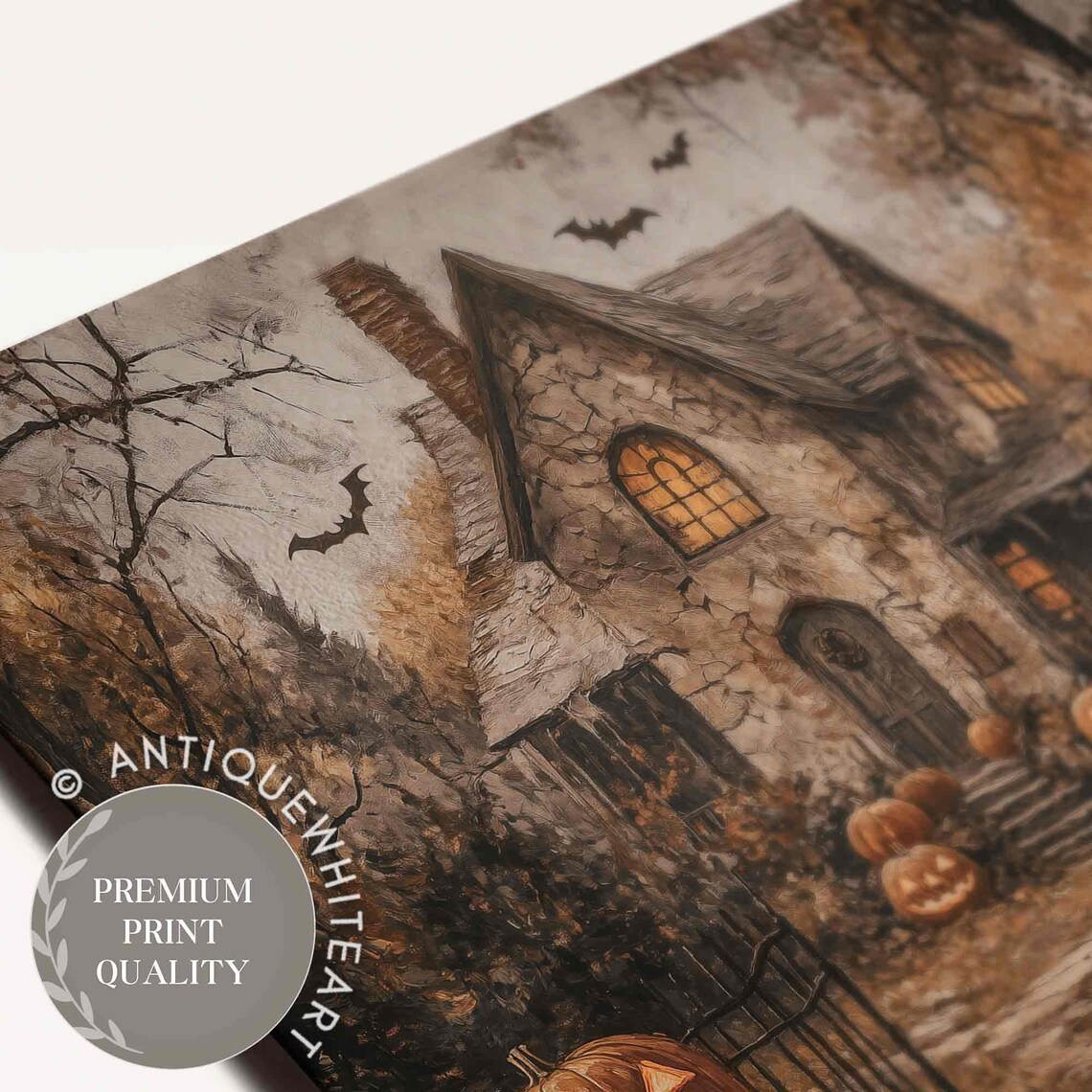 Spooky Stone Cottage Jack O Lanterns Bats Vintage Halloween Painting Poster - Image 2