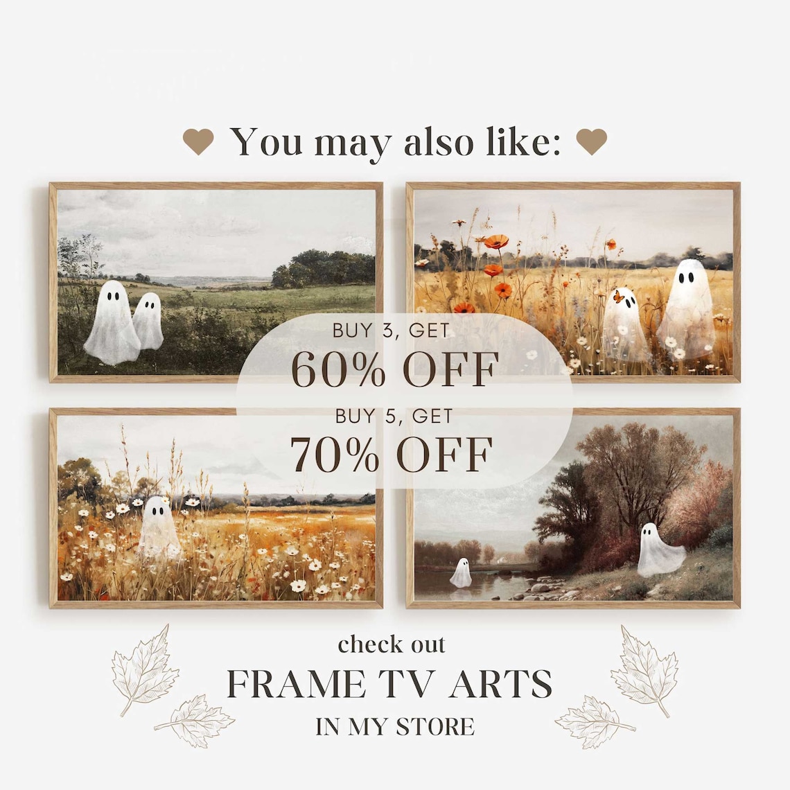 Cute Ghost In Fall Painting, Vintage Autumn Landscape - Image 2