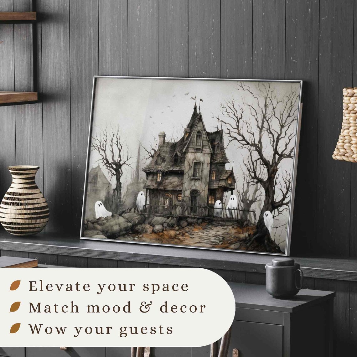 Spooky Haunted House Cute Ghosts Bare Trees Vintage Halloween Art Poster - Image 3