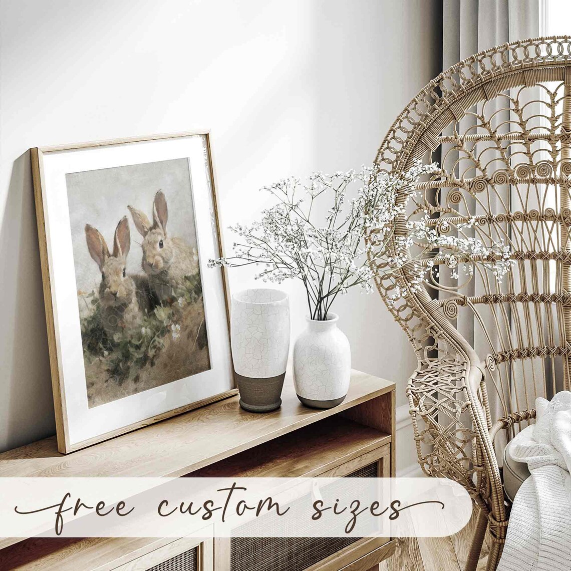 Two Rabbits in Wildflower Meadow Vintage Easter Bunny Animal Wall Art Print - Image 4