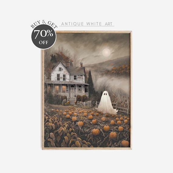 Spooky Halloween Wall Art Ghost In Moody Landscape Print Spooky Prints Dark Rustic Halloween Decor Ghost Painting Instant A355