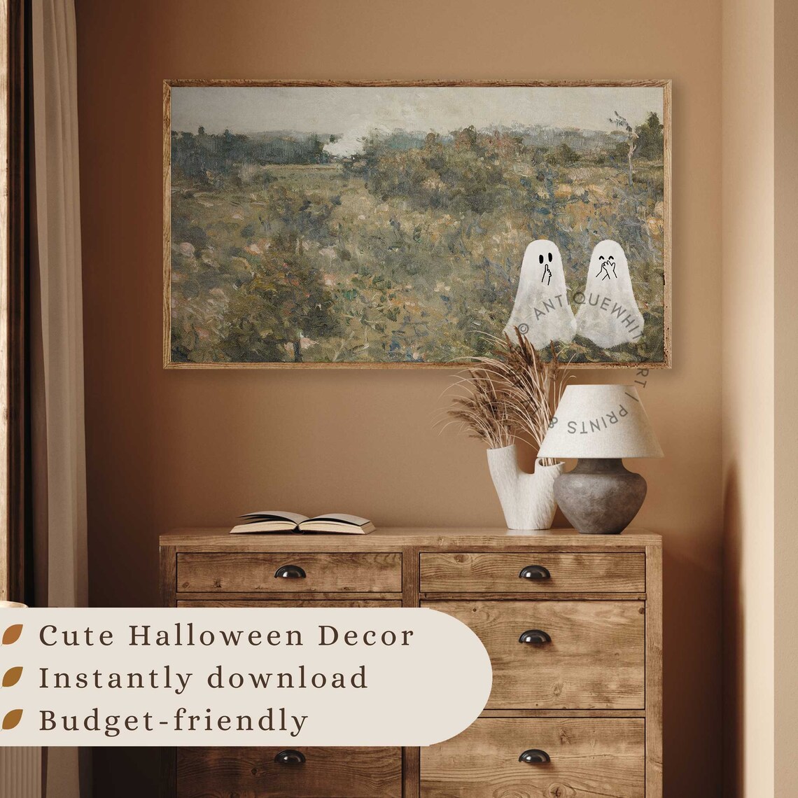 Two Cute Ghosts Muted Meadow Vintage Halloween Spooky Friends Art Poster - Image 4