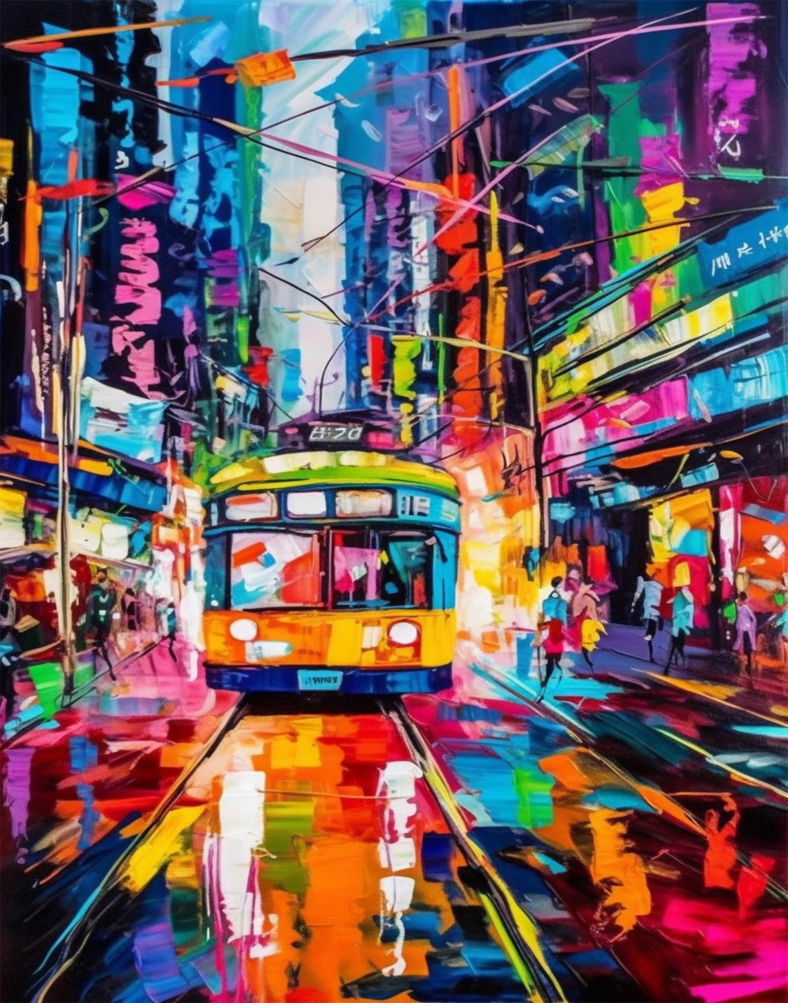 Hong Kong Tram Neon Street Night Colorful Impressionist City Poster - Image 2