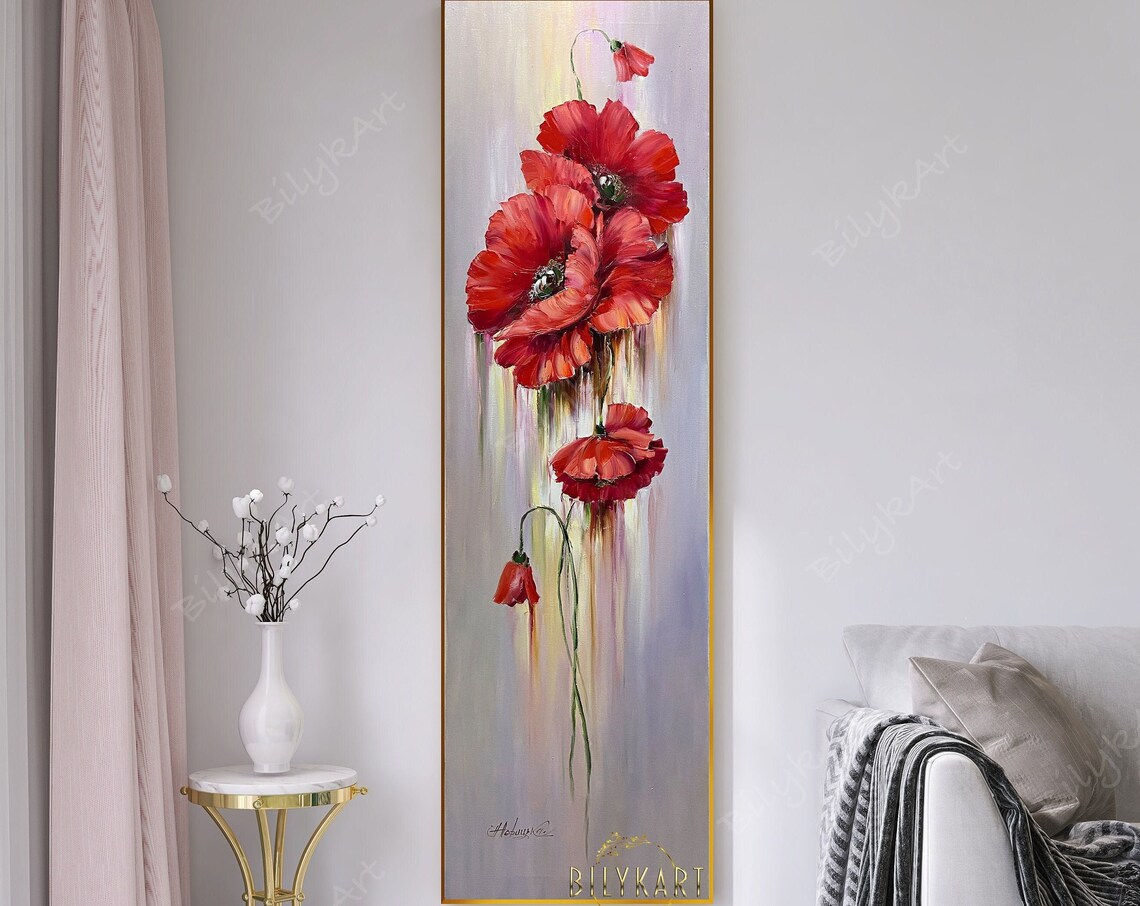 Long Narrow Wall Art Large Poppy Flowers Oil Painting Tall Wall Art Red Flowers Painting Long Painting Vertical Narrow Kitchen Wall Decor