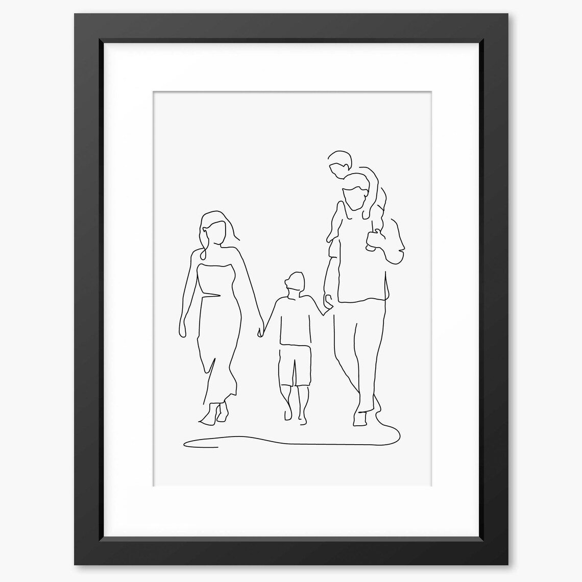 Parents and Two Children Walking Together Continuous Line Art Poster