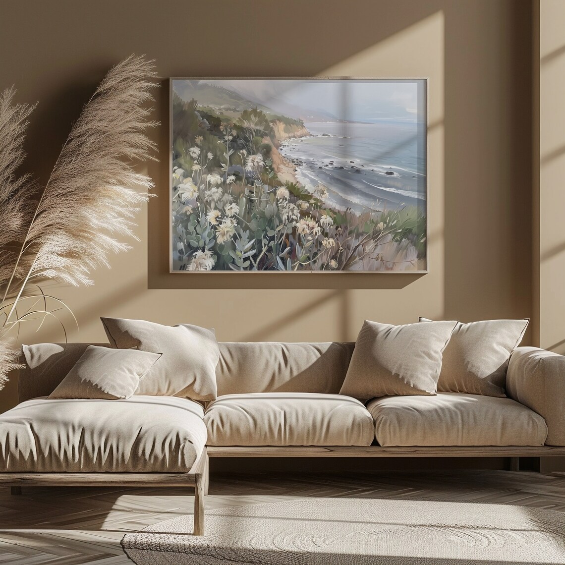 California Coastal Cliffs Wildflowers Ocean View Oil Painting Wall Art - Image 5