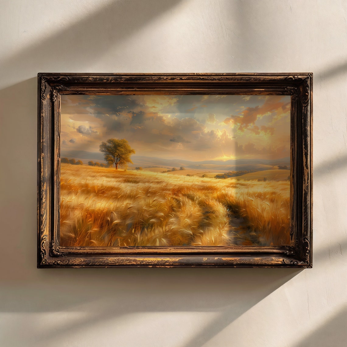 Golden Wheat Field Sunset Lone Tree Harvest Landscape Painting Print - Image 4