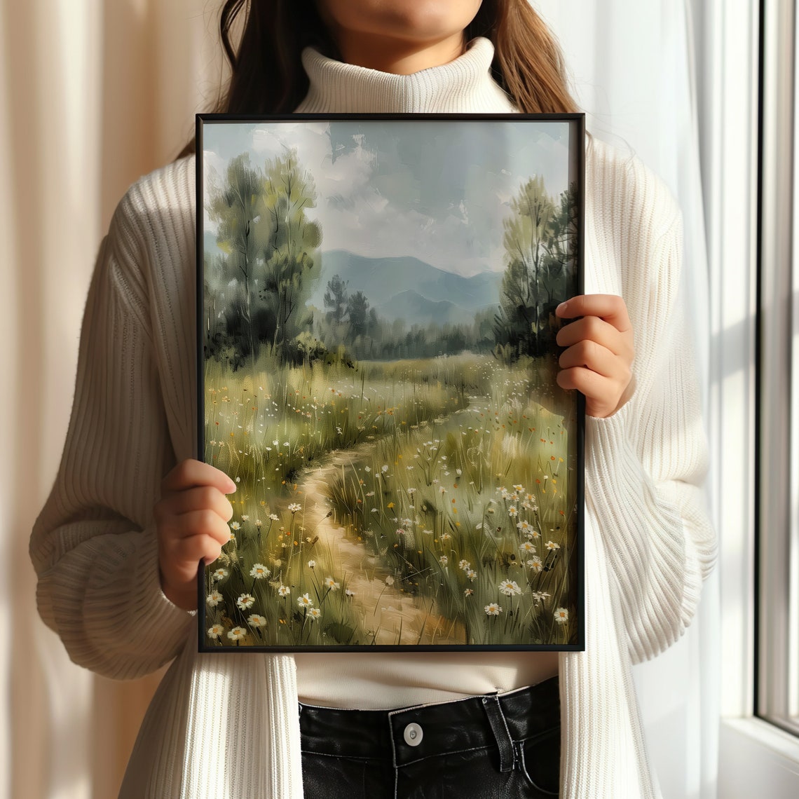 Wildflower Meadow Path Daisies Mountain View Spring Landscape Print - Image 5