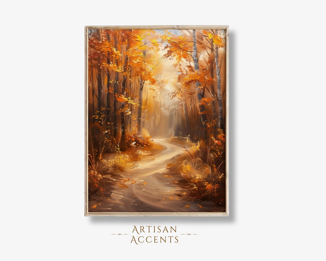 Golden Autumn Forest Path Sunlit Fall Trees Oil Painting Wall Art