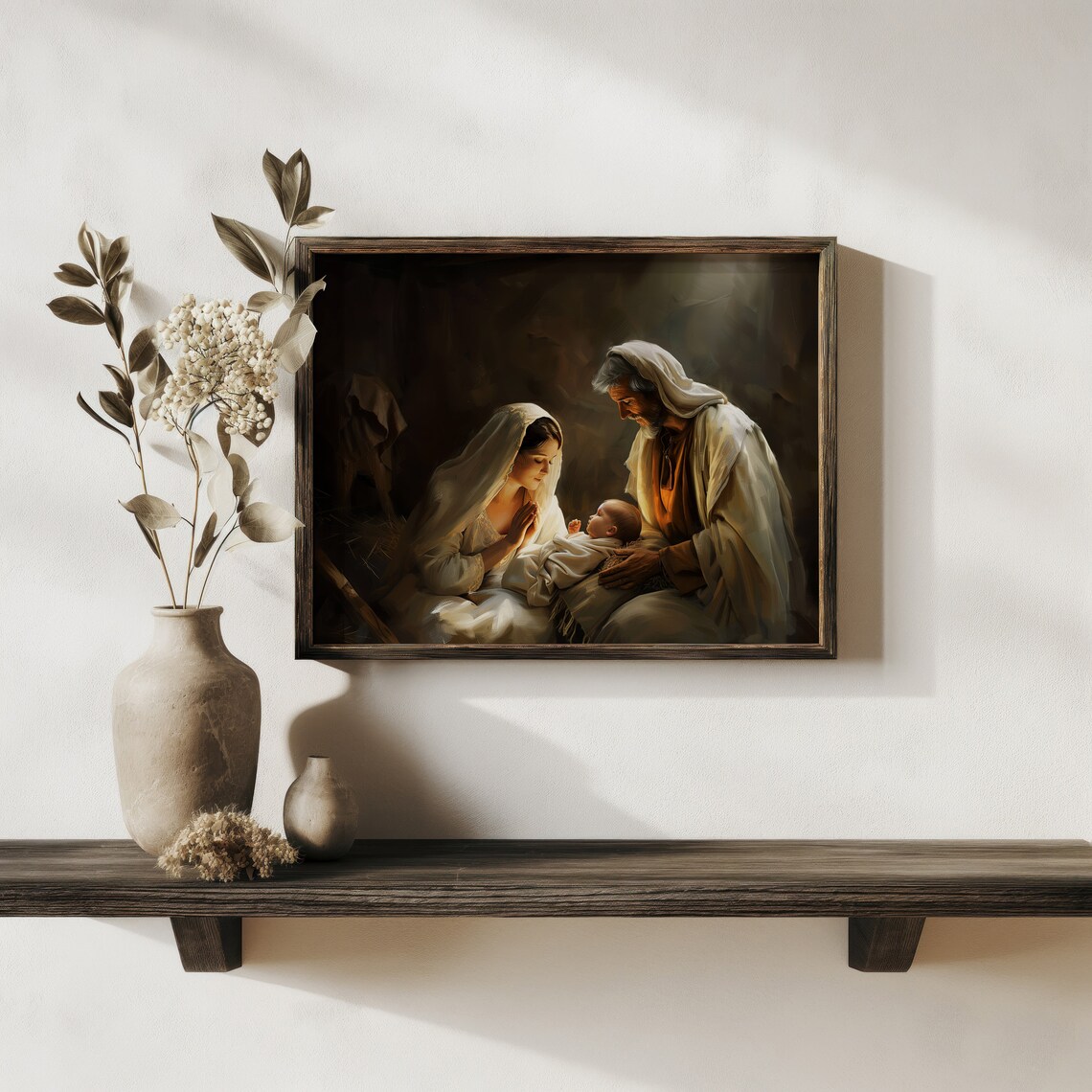 Nativity Scene Mary Joseph Baby Jesus Warm Light Religious Oil Painting Poster - Image 3