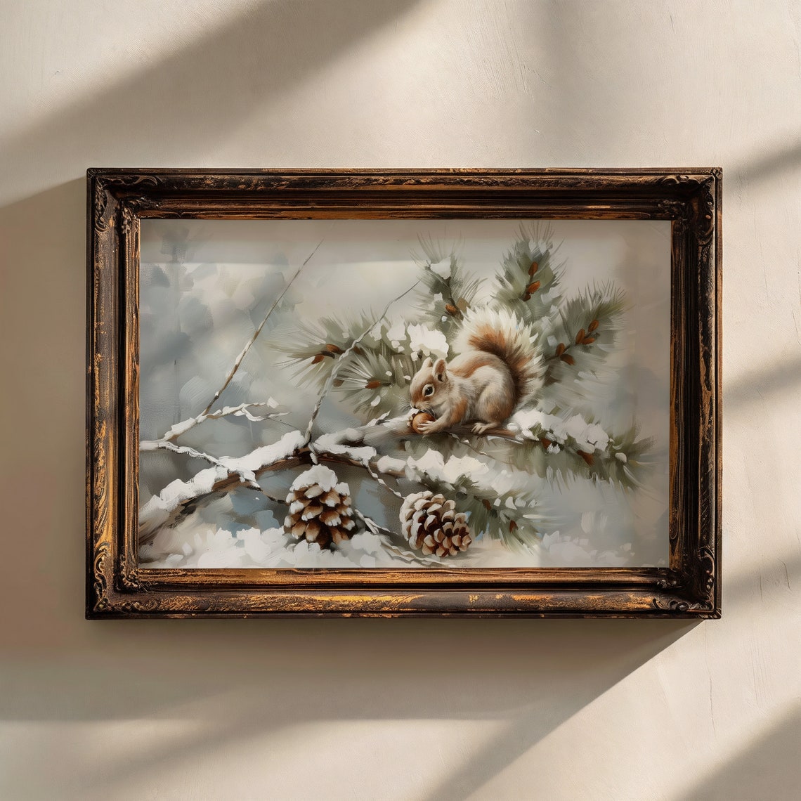 Squirrel With Pinecones On Snowy Pine Branch Winter Wildlife Print - Image 2