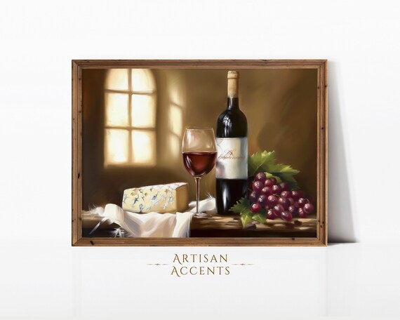 Red Wine Bottle Glass Cheese Grapes Warm Window Light Still Life Print