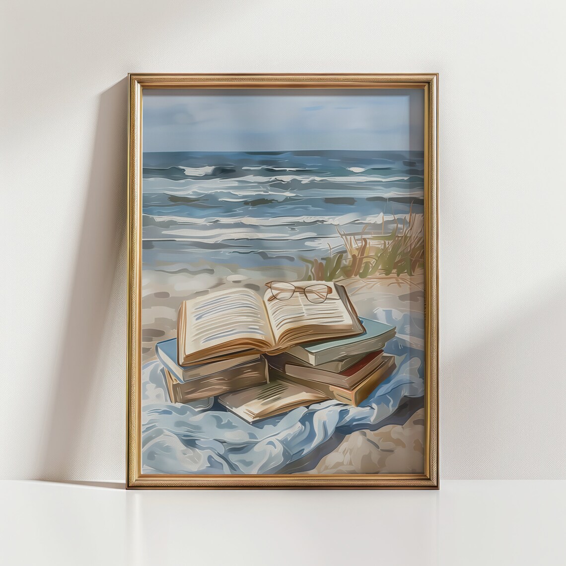 Vintage Books Beach Oil Painting, Oceanfront Art Print - Image 3