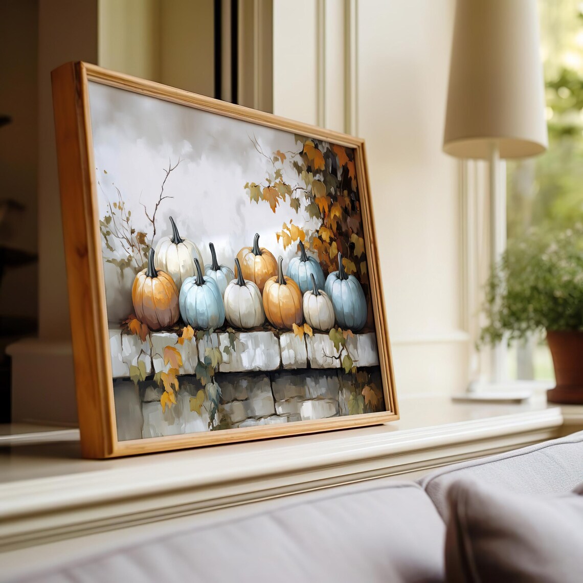 Pastel Pumpkins White Stone Wall Autumn Branches Watercolor Fall Art Poster - Image 5