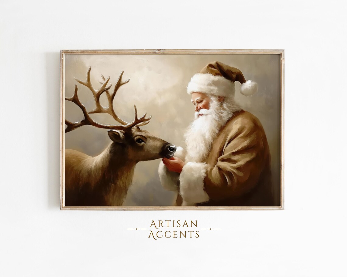 Santa Claus and Reindeer Modern Christmas Art Print