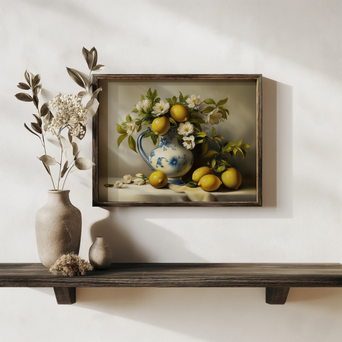 Lemons White Blossoms Blue White Porcelain Pitcher Still Life Art Print - Image 3