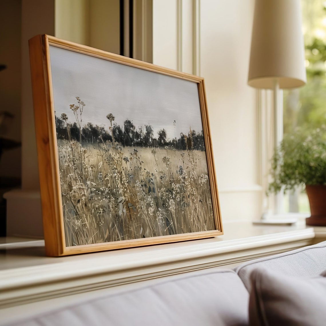 Wildflower Field In Neutral Tones Rustic Meadow Oil Painting Art Print - Image 4