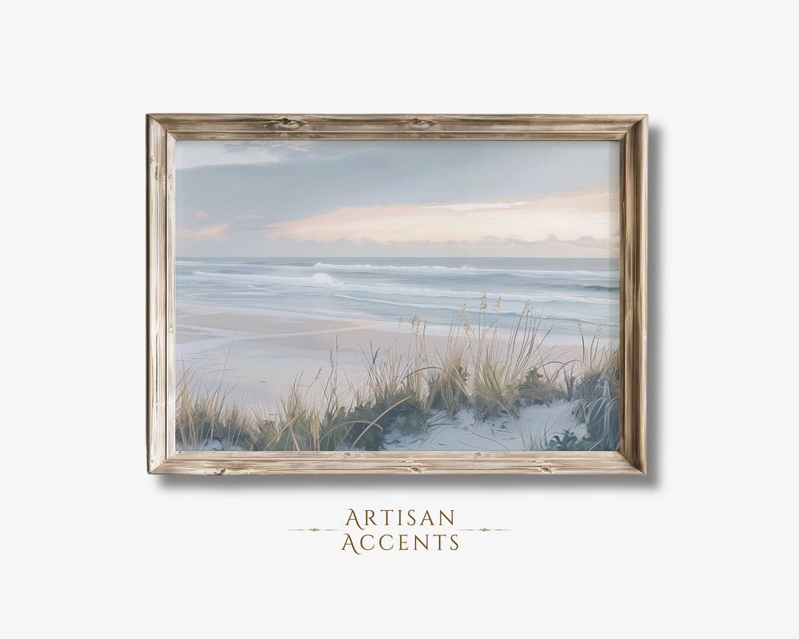Pastel Beach Sunset Over Calm Waves Dune Grass Coastal Art Print