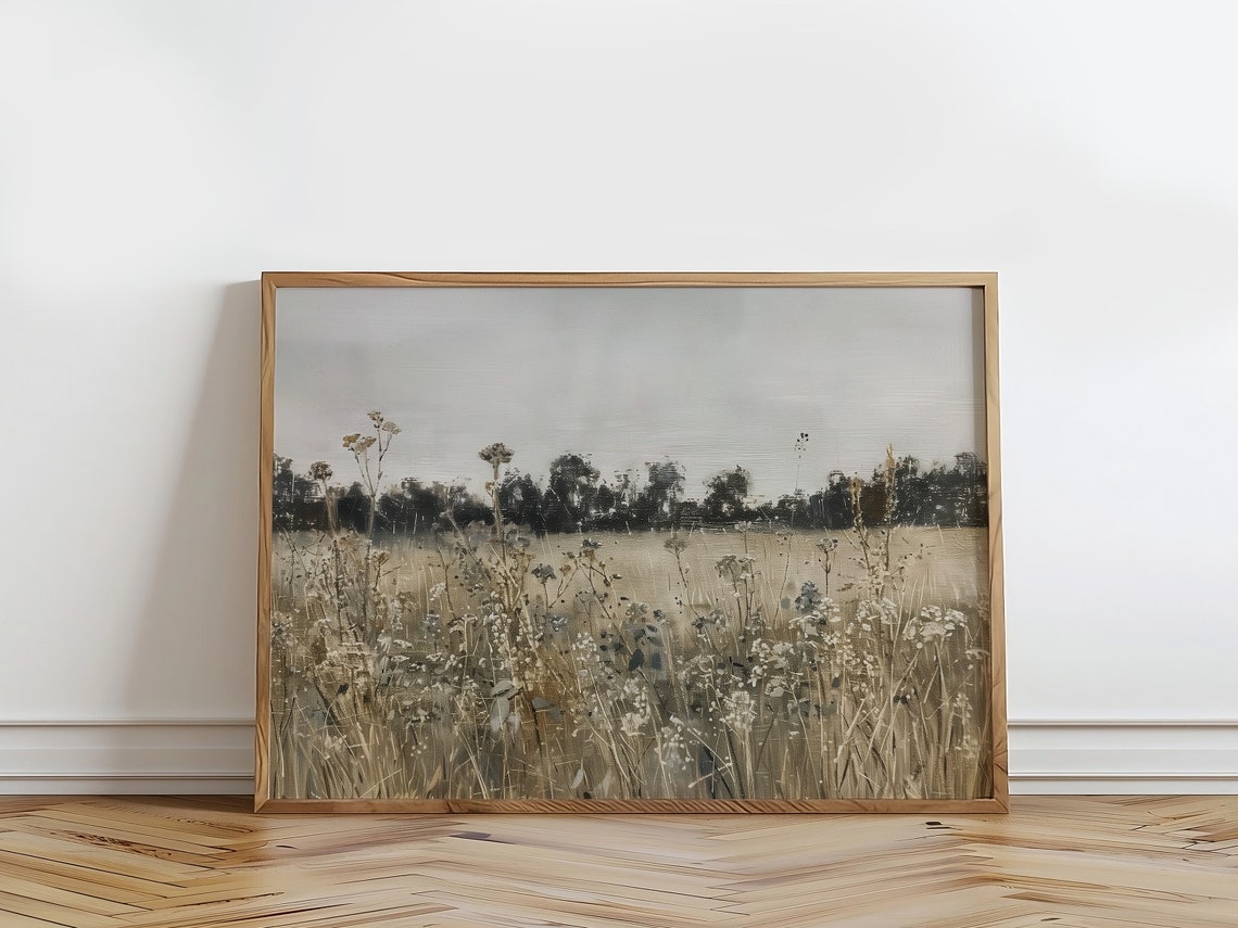 Wildflower Field In Neutral Tones Rustic Meadow Oil Painting Art Print - Image 2