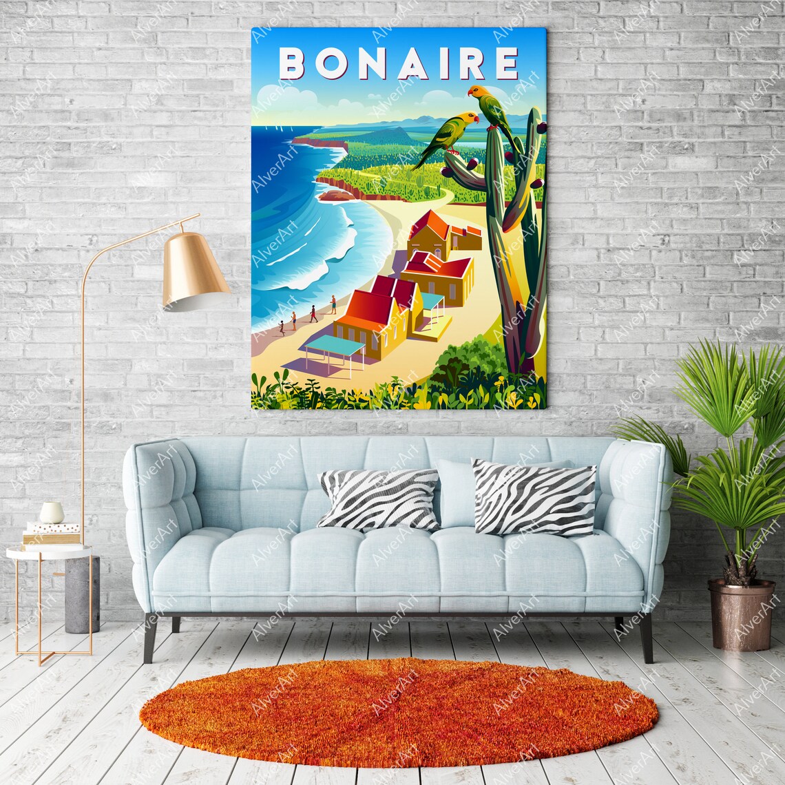 Bonaire Caribbean Parrots On Cactus Beach Houses Travel Poster - Image 2