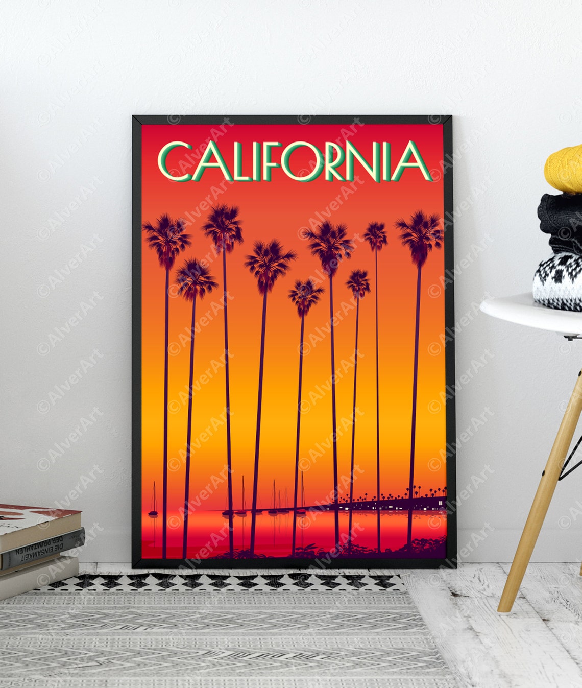 California Sunset Palm Tree Silhouettes Glowing Harbor Scene Poster