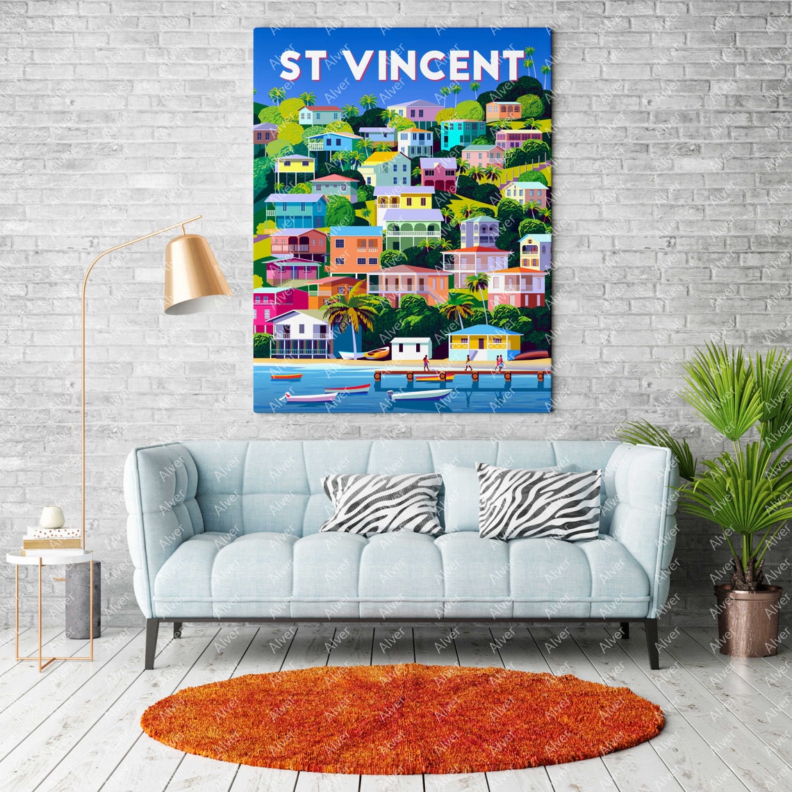 St Vincent Caribbean Colorful Hillside Houses Harbor Scene Poster - Image 2