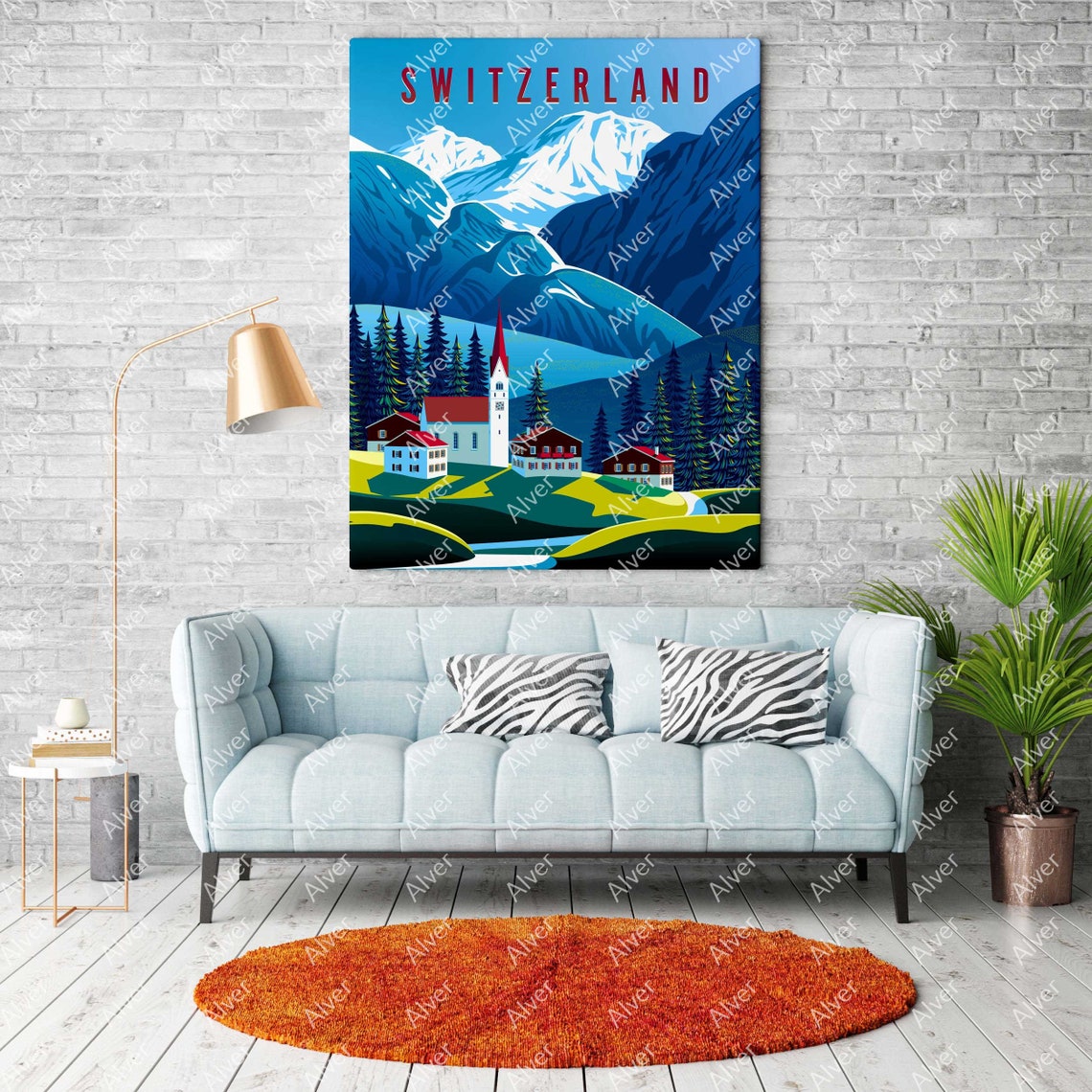 Switzerland Alpine Village Church Snowy Mountain Peaks Poster - Image 2