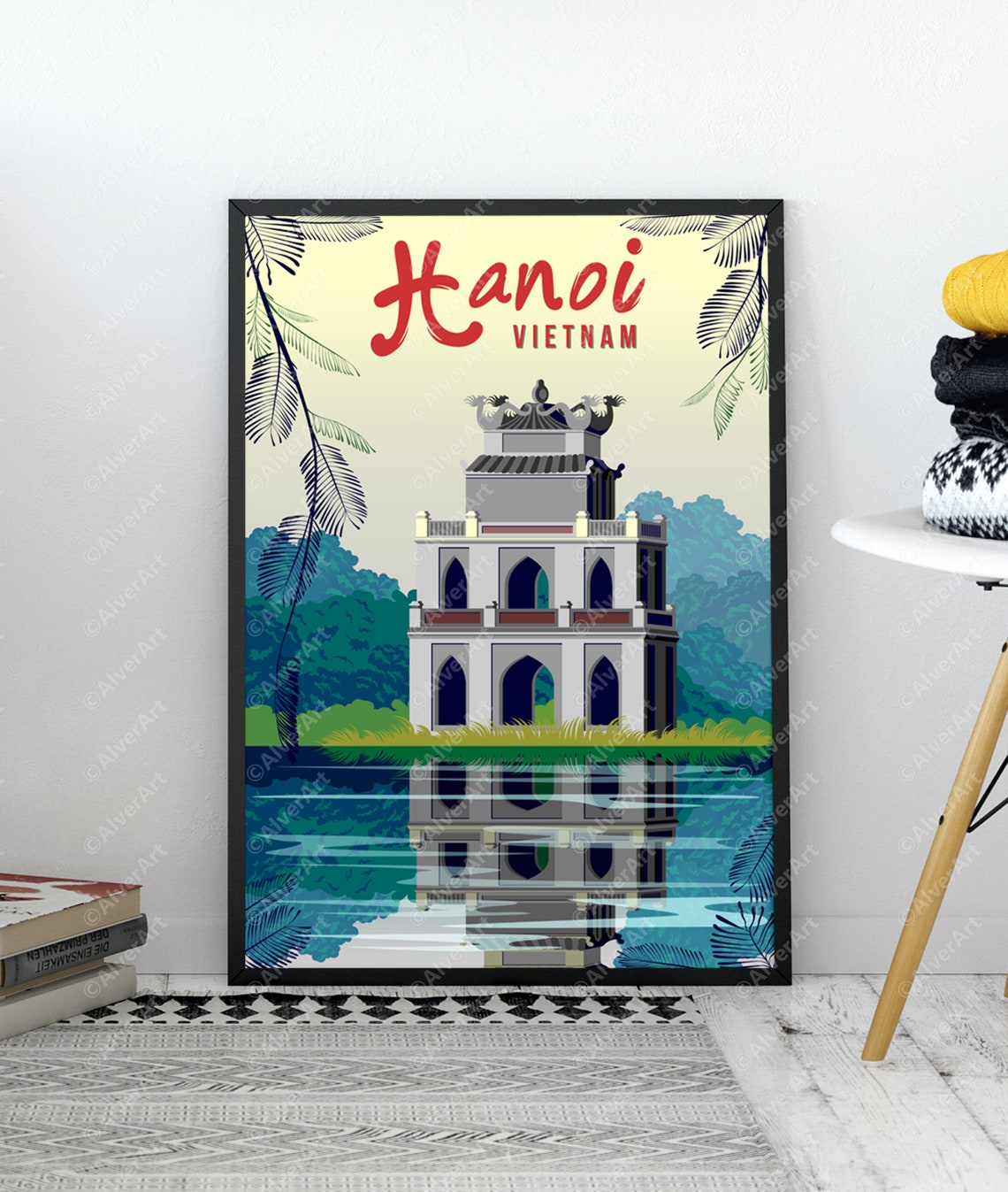 Hanoi Vietnam Turtle Tower Hoan Kiem Lake Vintage Travel Poster - Image 2