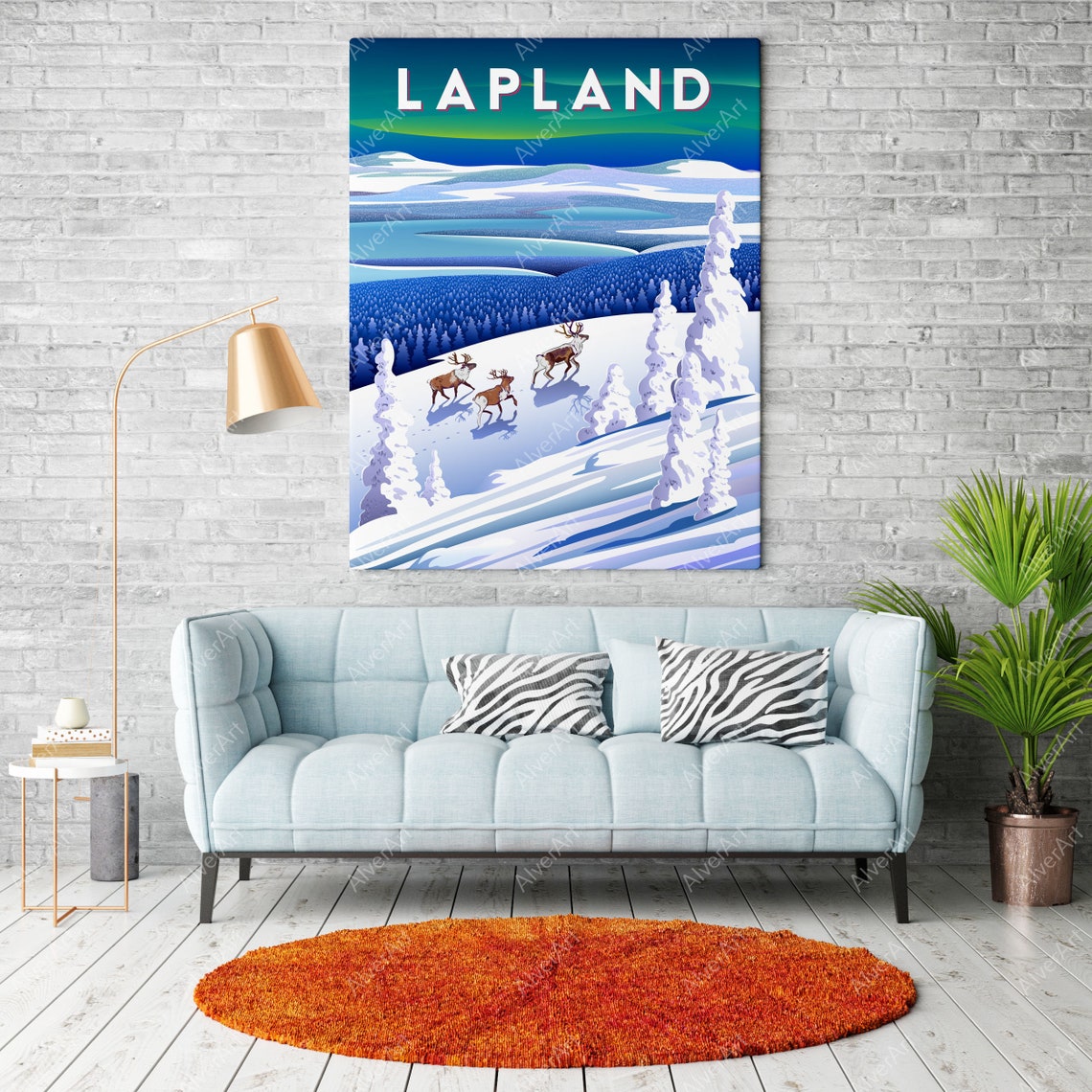 Lapland Reindeer Snowy Forest Northern Lights Vintage Travel Poster - Image 2
