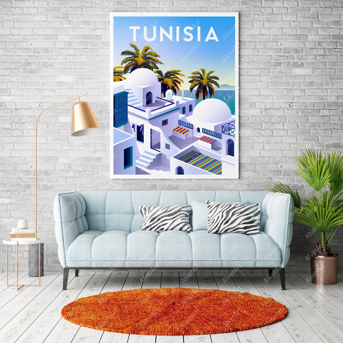 Tunisia Sidi Bou Said Travel Poster With Whitewashed Village and Palms - Image 2