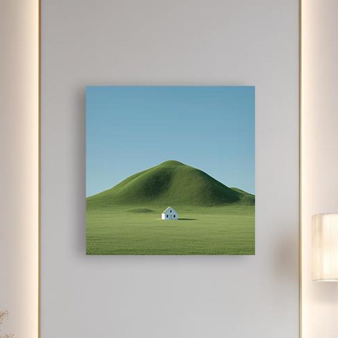 Alone House On Green Hill Minimalist Landscape Canvas Wall Art Modern Square Decor