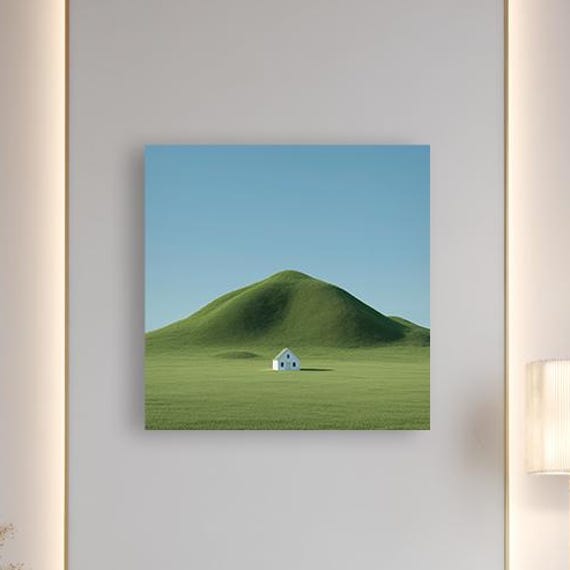 Alone House On Green Hill Minimalist Landscape Canvas Wall Art Modern Square Decor
