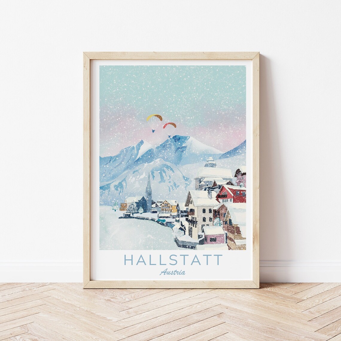 Hallstatt Austria Winter Wonderland Snowy Village Paragliders Poster - Image 2