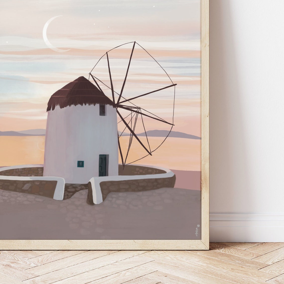 Santorini Greece Cycladic Windmill Sea Sunset Crescent Moon Art Poster - Image 2