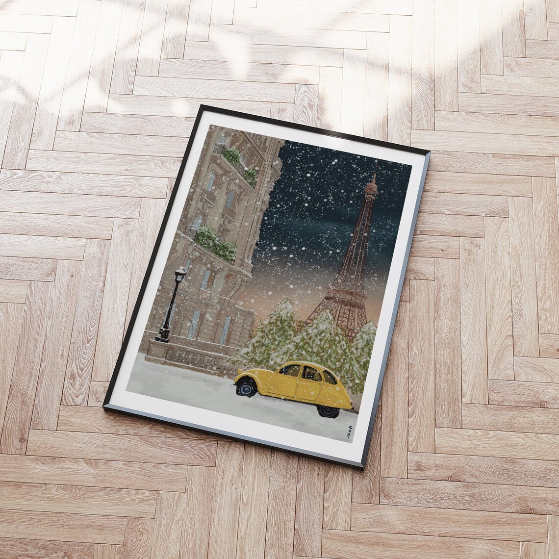 Paris Christmas Snowfall Eiffel Tower Yellow Vintage Citroen 2CV Poster - Image 4