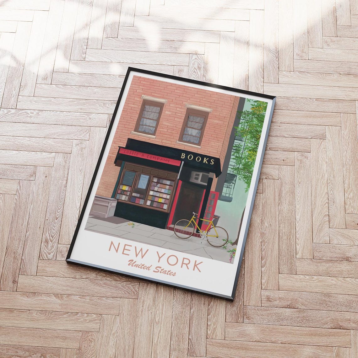 New York Bookshop Coffee and Company Yellow Bicycle Brownstone Poster - Image 4
