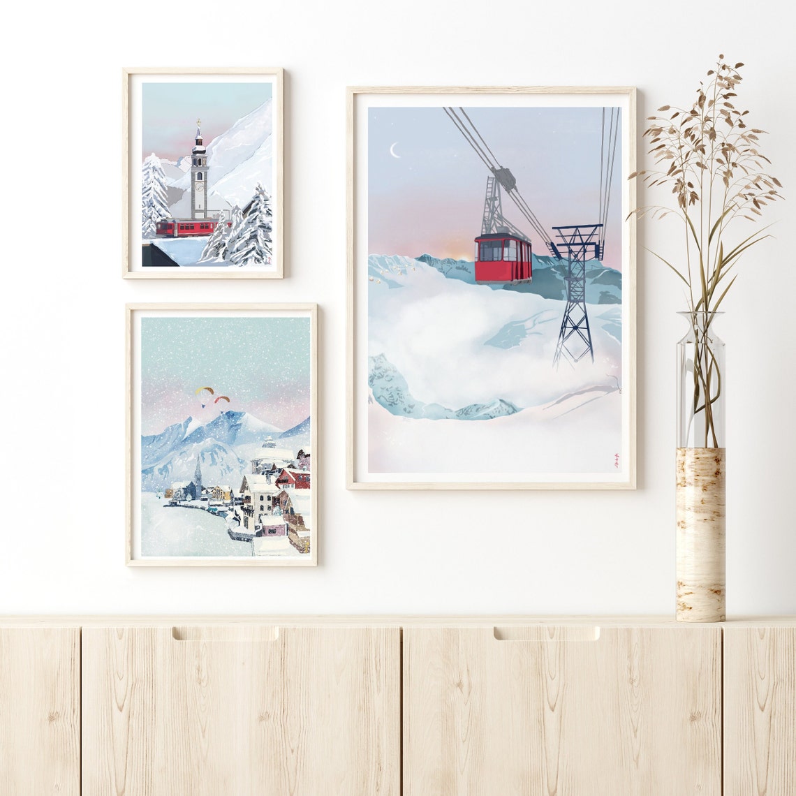 Red Cable Car Crossing Snowy Alps Sunset Mountain Travel Poster - Image 3